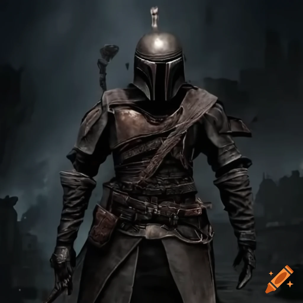 Bloodborne hunter in Mandalorian armor with a dark Victorian aesthetic