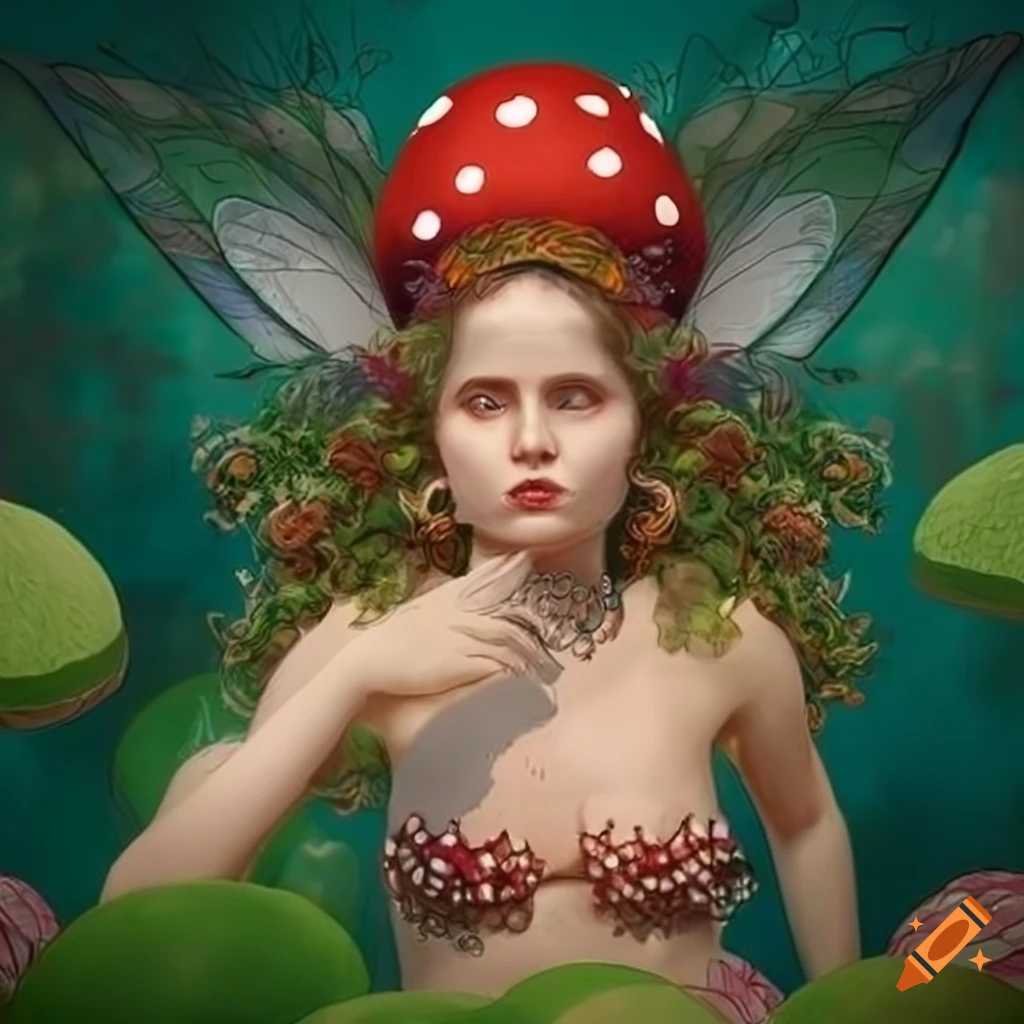 Vegetation Fairy Goddess With Curly Hair And Red Spotted Mushroom Hat In The Style Of Paul