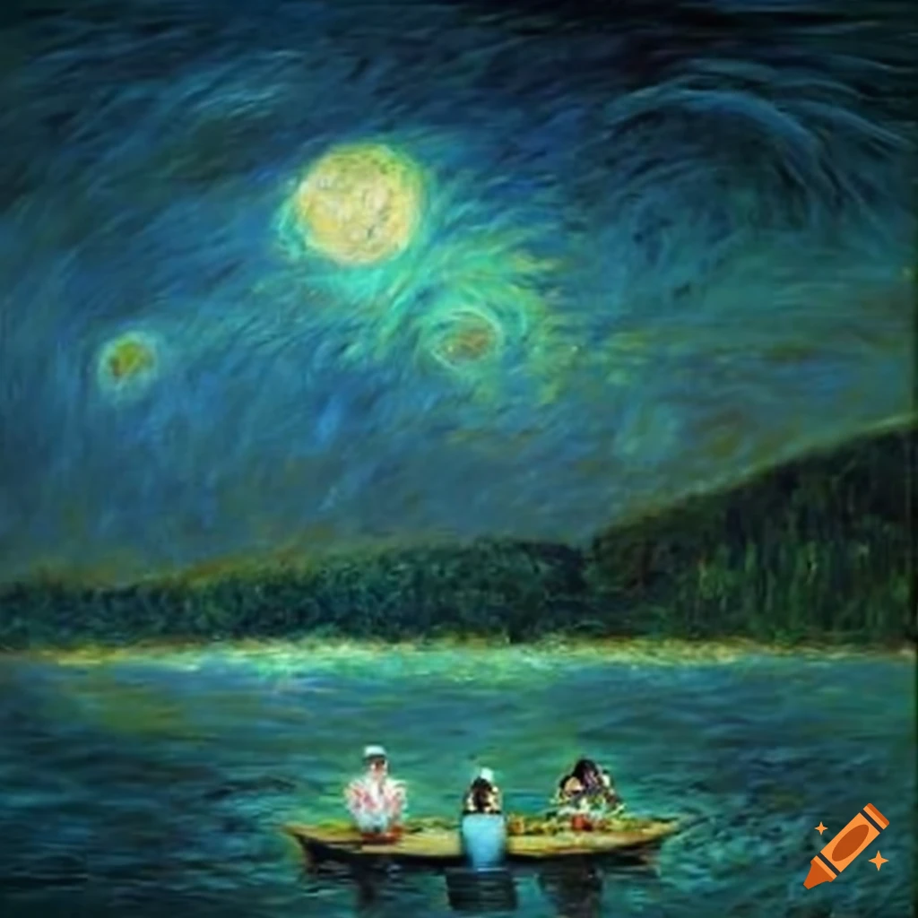 Impressionistic oil painting of masked couple hugging by the lake in