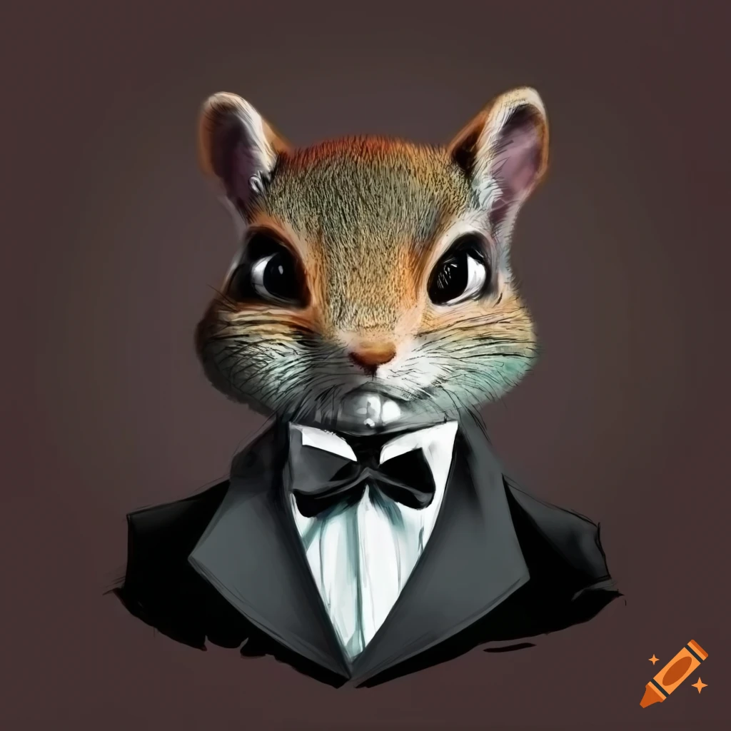 Anthropomorphic squirrel in Todd McFarlane style tuxedo portrait