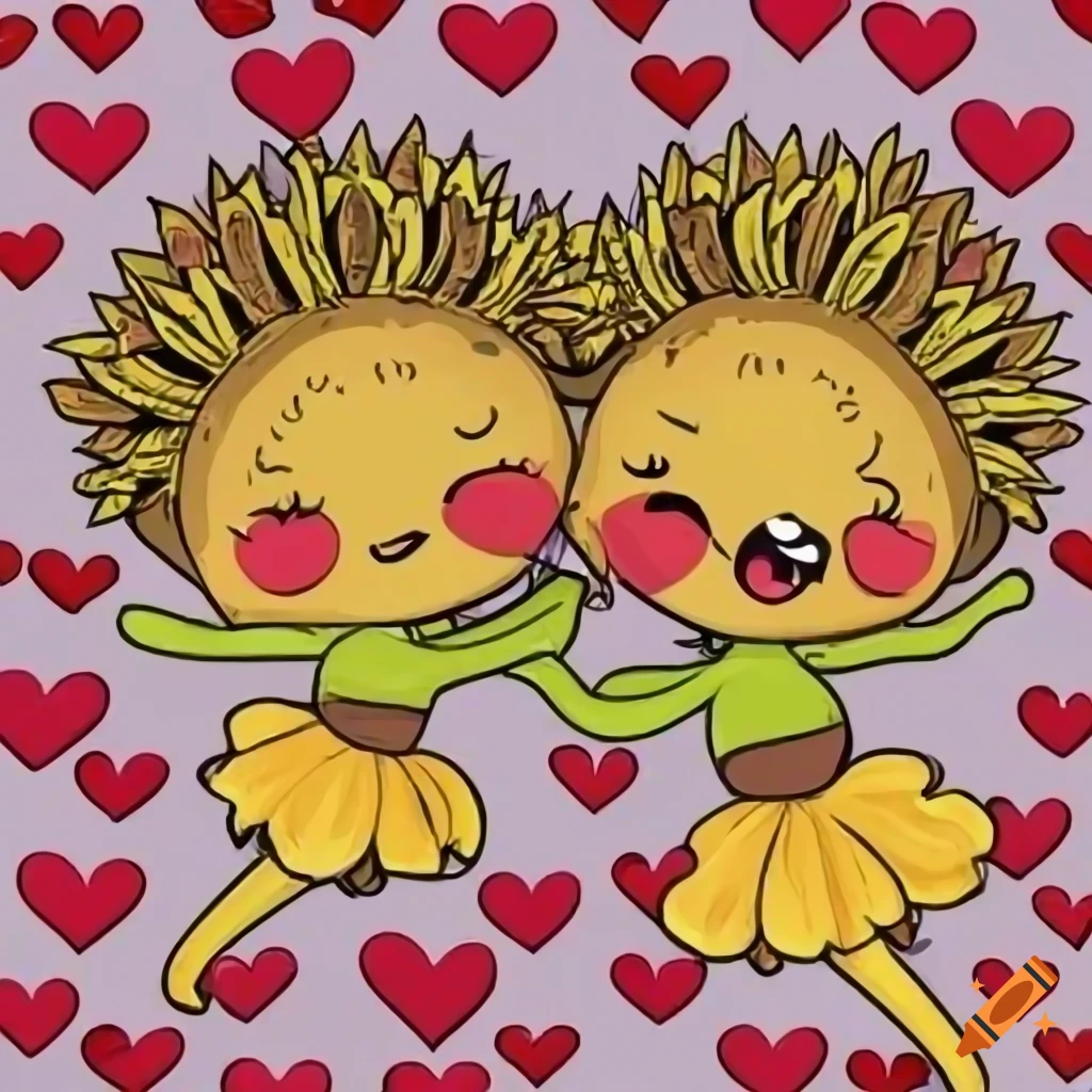 Cheerful dancing sunflowers with love hearts