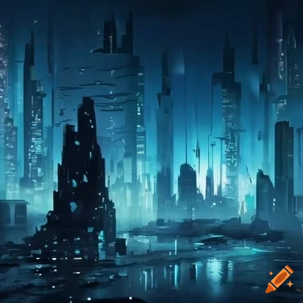 Futuristic city in the rain