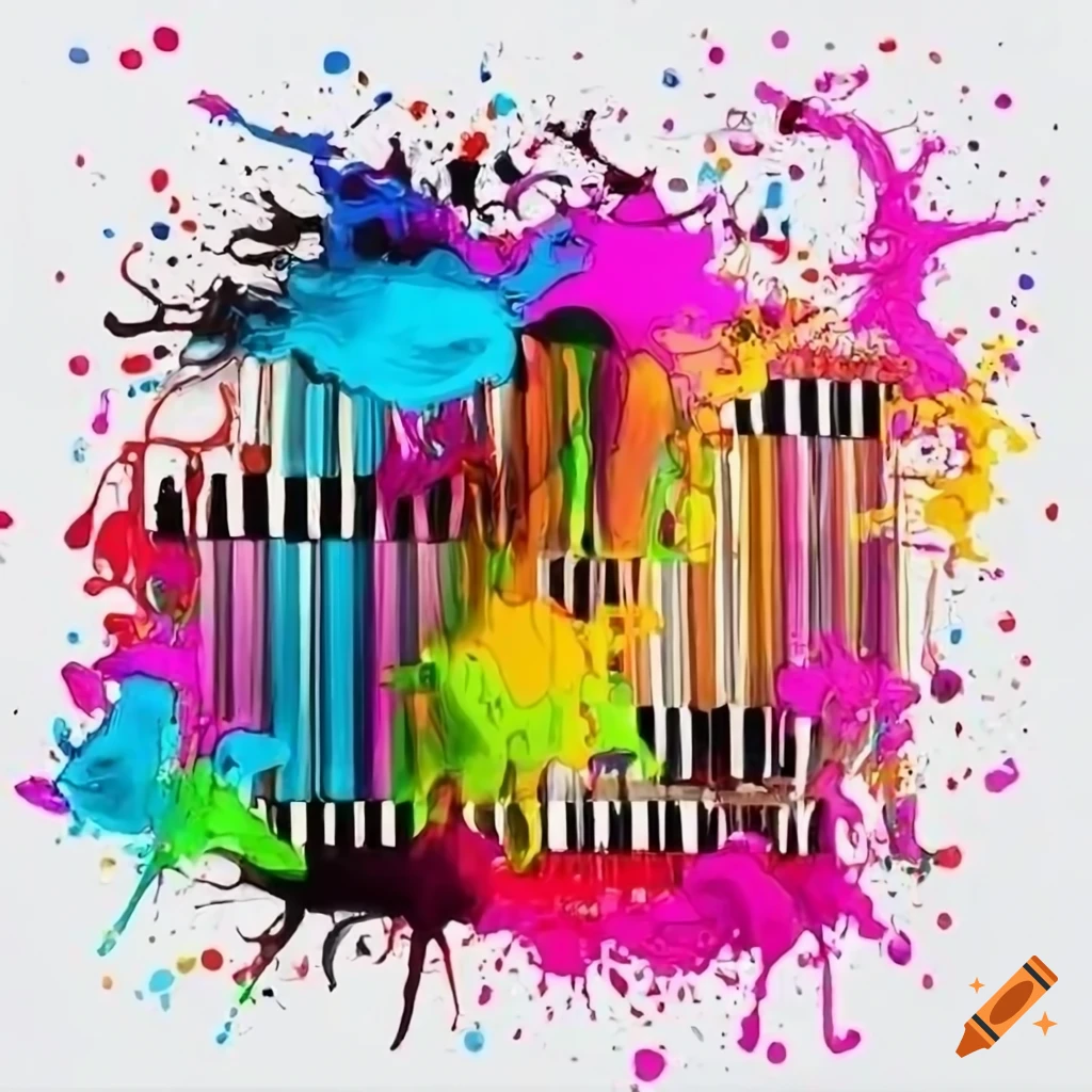Colorful grand piano art with ink splash on white background