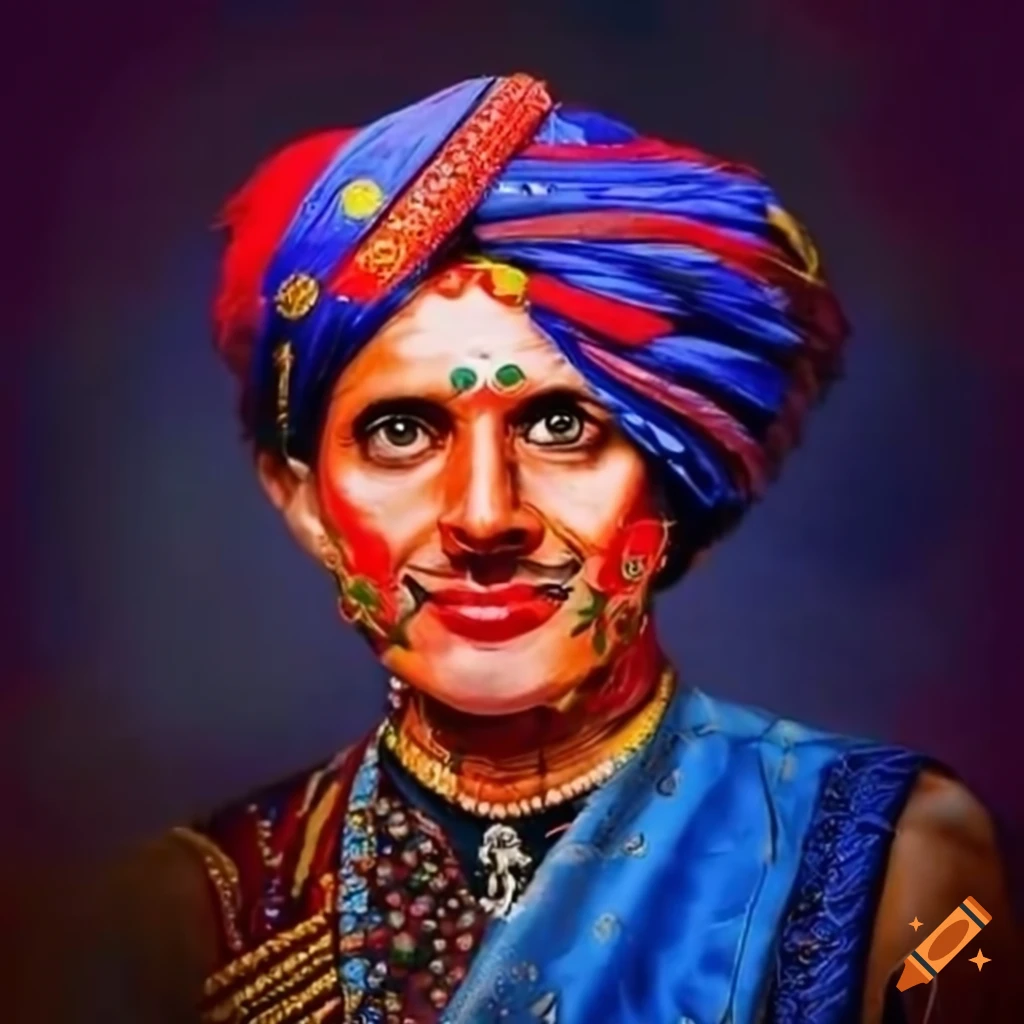 Colorful depiction of Emmanuel Macron in traditional Indian outfit