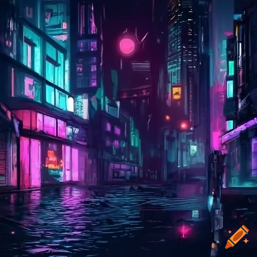 Cityscape with biopunk elements featuring neon-lit streets and ...