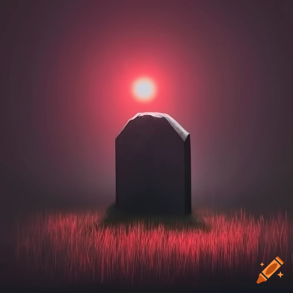 Hyper realistic grave stone in a field with dark red lighting on Craiyon