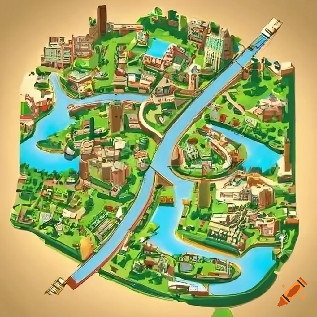 Map of a car free city with bikes and scooters small homes school