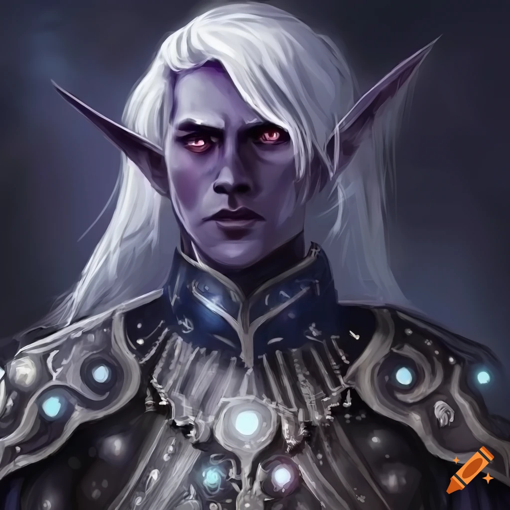 Stoic male drow in moon-patterned armor holding a holy symbol of selune ...