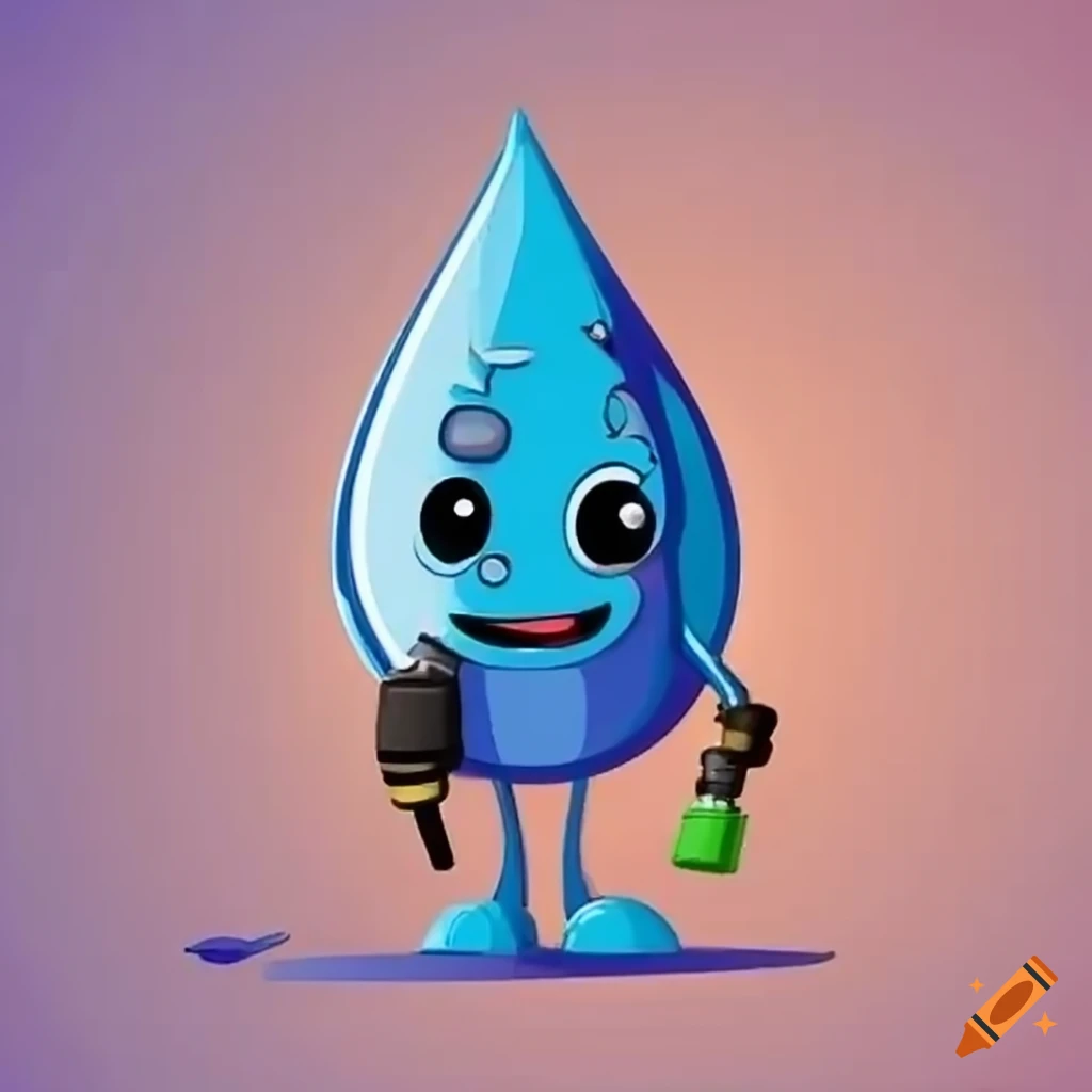 Cartoon water drop with a pressure washer on Craiyon