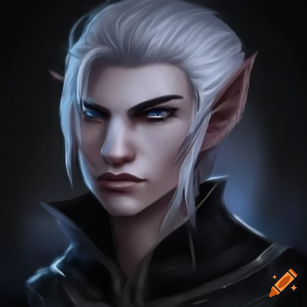 Shadow elf male with white hair on Craiyon