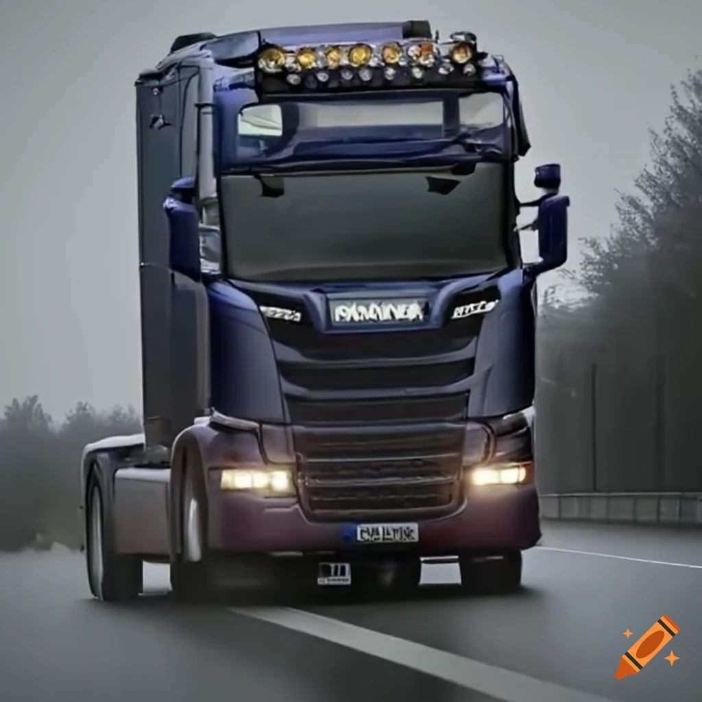 Camion Scania roulant sur l'autoroute sous une pluie d'été