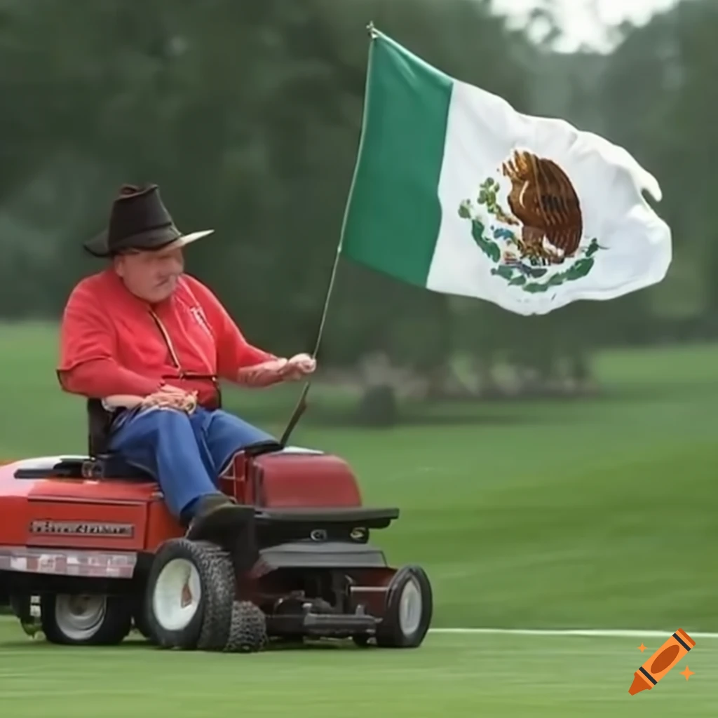 Jim ross holding up the mexico flag while driving a lawn mower on Craiyon