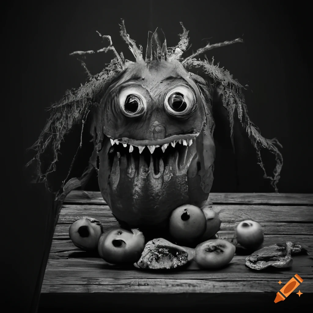 Closeup portrait of the rotten tomato fruit monster on Craiyon