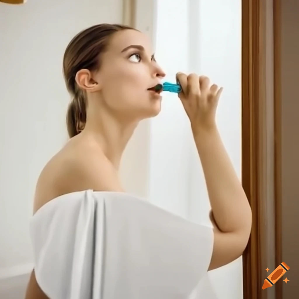 Person brushing teeth in front of a bathroom mirror