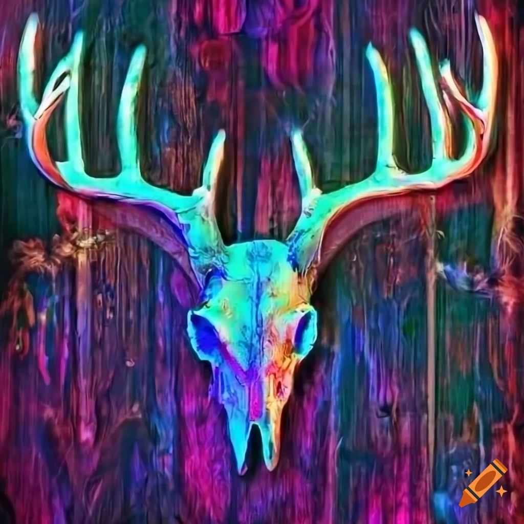 Mule deer skull on barn board background with neon accents and
