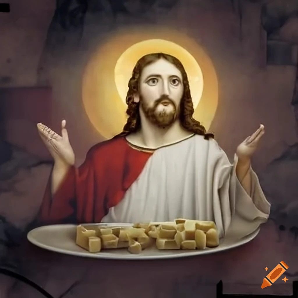 Jesus looking at a plate of cheese in the sky on Craiyon