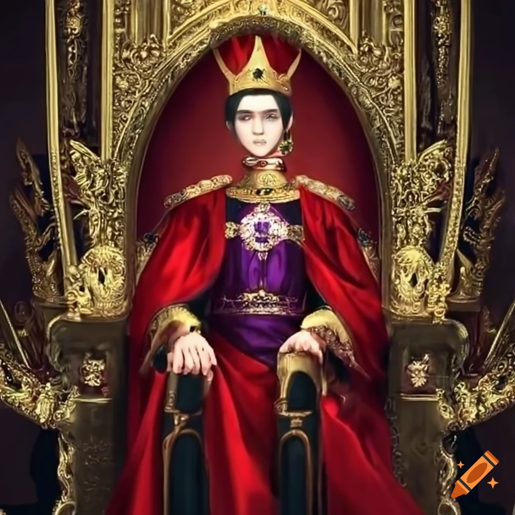 Young king with purple eyes and black hair sitting on a golden jewel