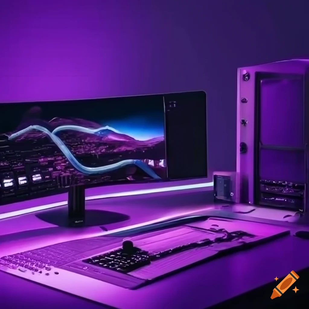 Sleek purple computer setup with beautiful landscape screensaver on Craiyon
