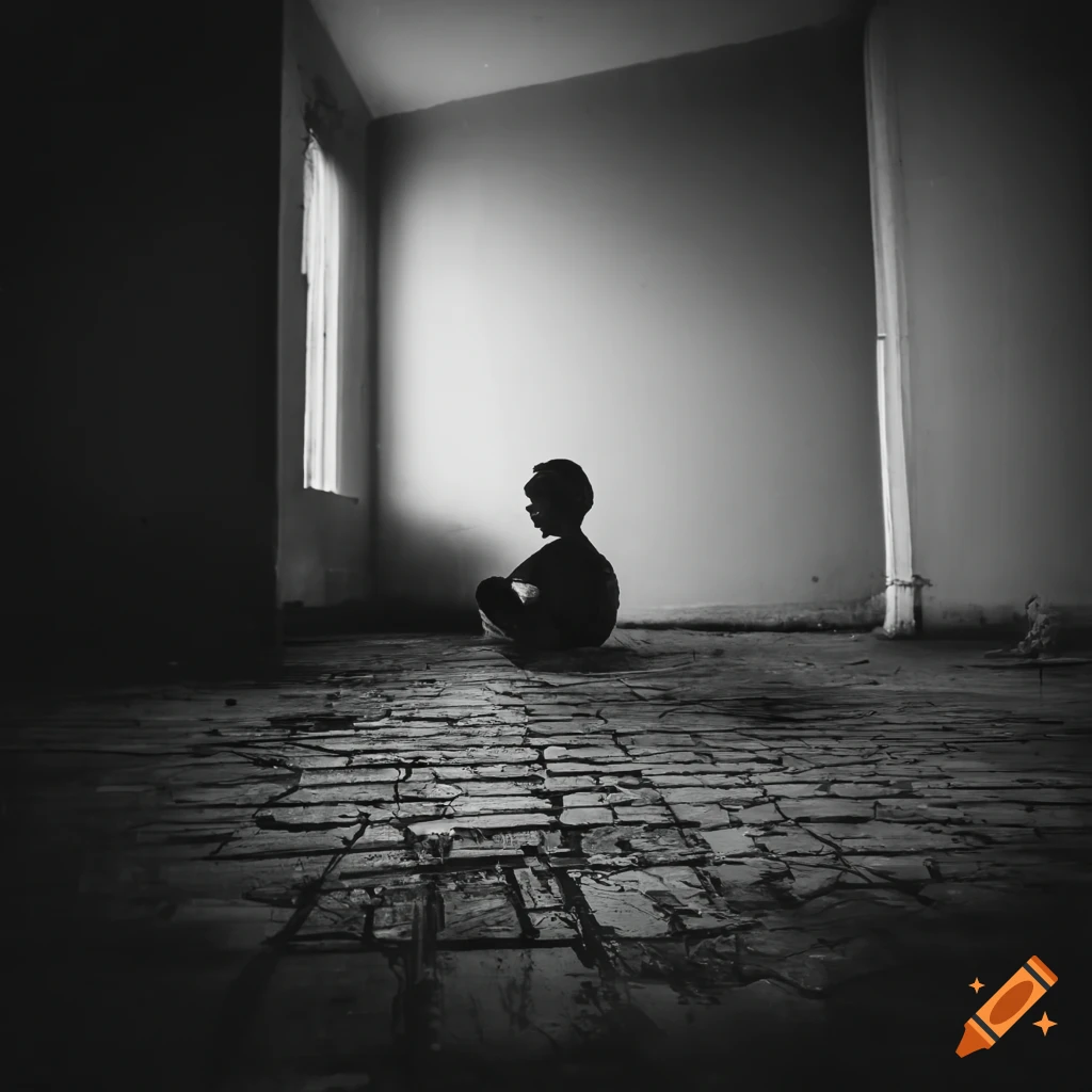 Abandoned urban building with eerie shadows and a child sitting on the floor