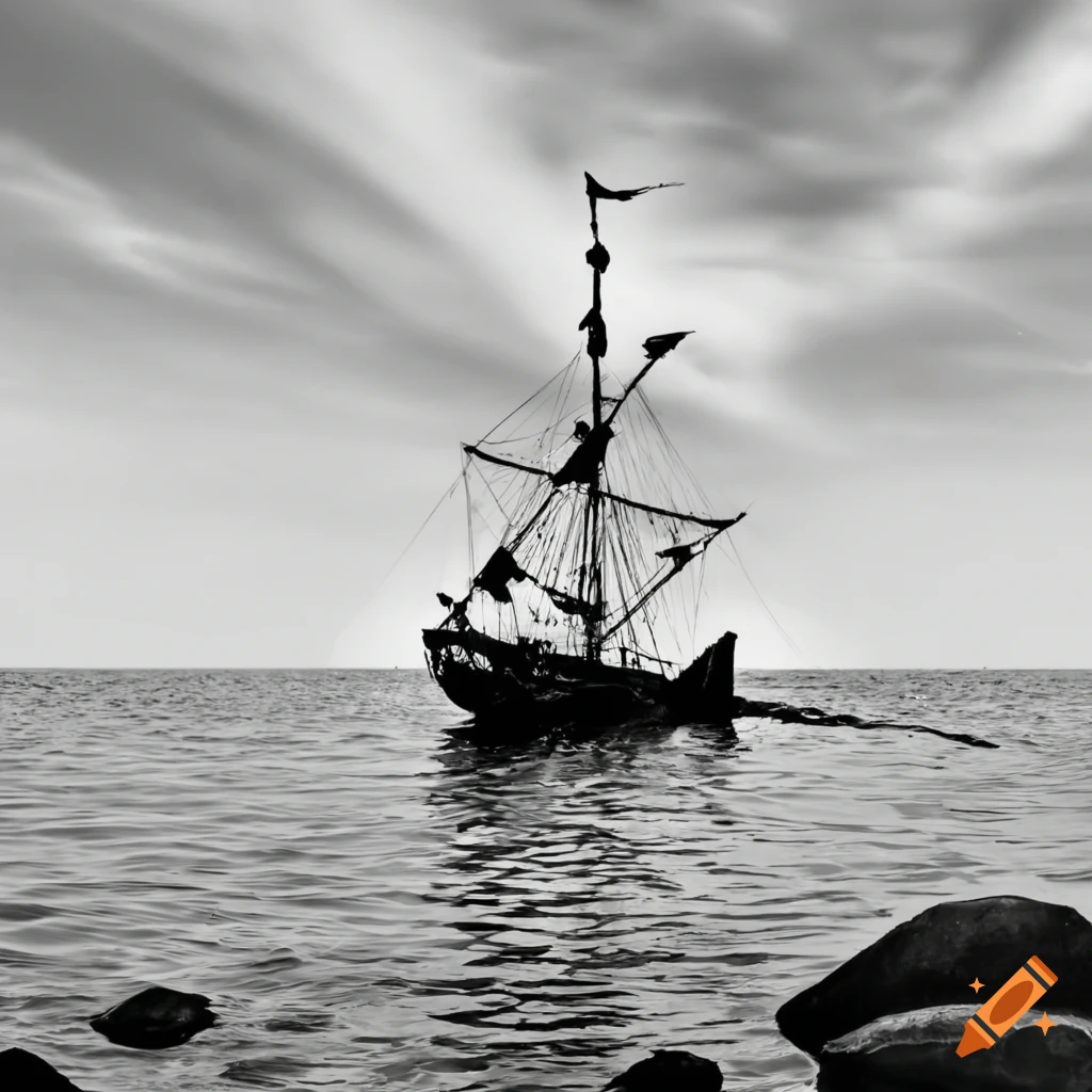 Sunken wreckage of an old sailor ship on a rocky beach with birds flying in the air