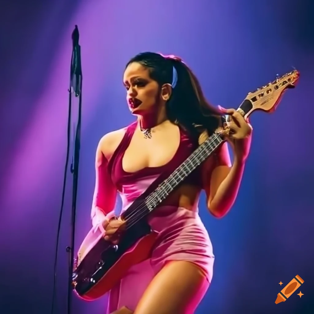 Rosalia performing rock with an electric guitar on stage