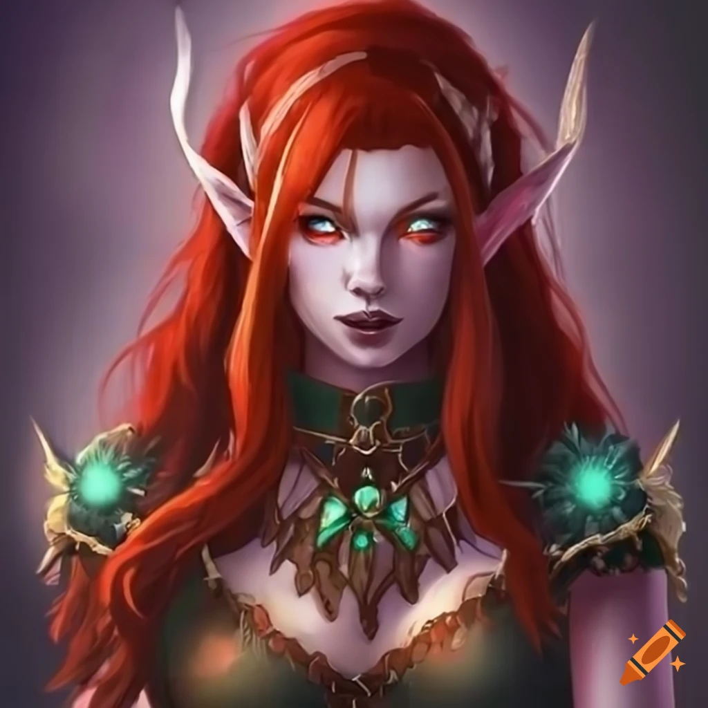 Night elf female with red hair wearing a christmas-themed top on Craiyon