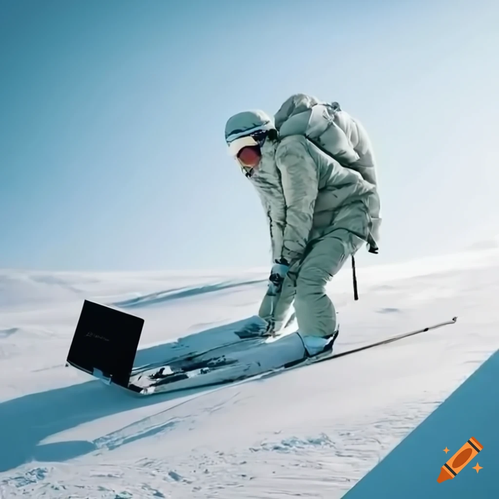 Woman in white skiing clothes skiing downhill with a laptop on Craiyon