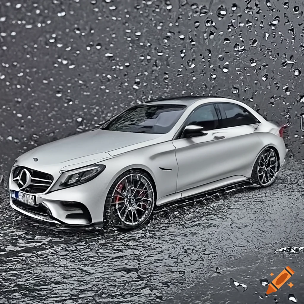 White E43 AMG driving through the rain