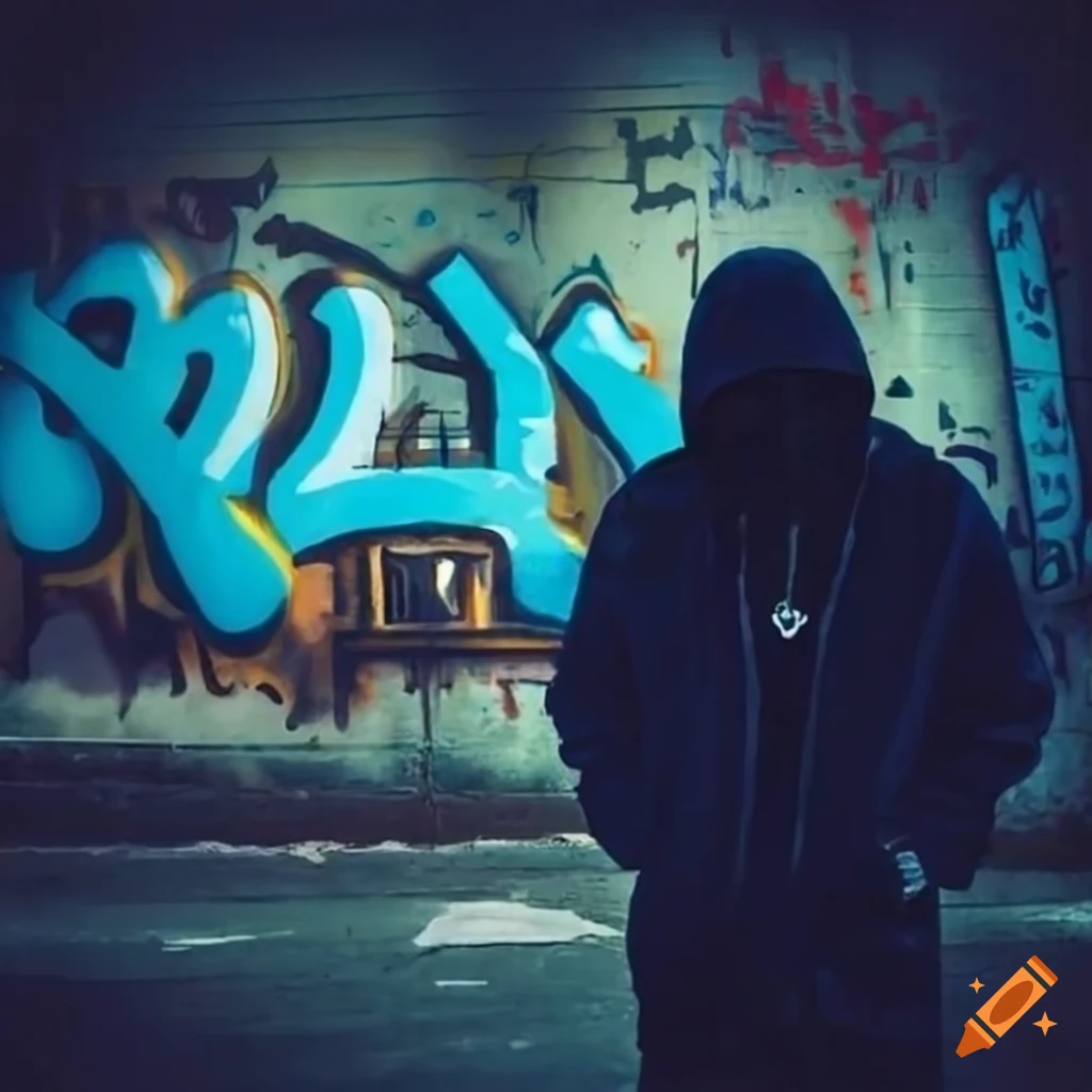 Mysterious Background Rapper Mysterious rapper next to urban graffiti at night on Craiyon