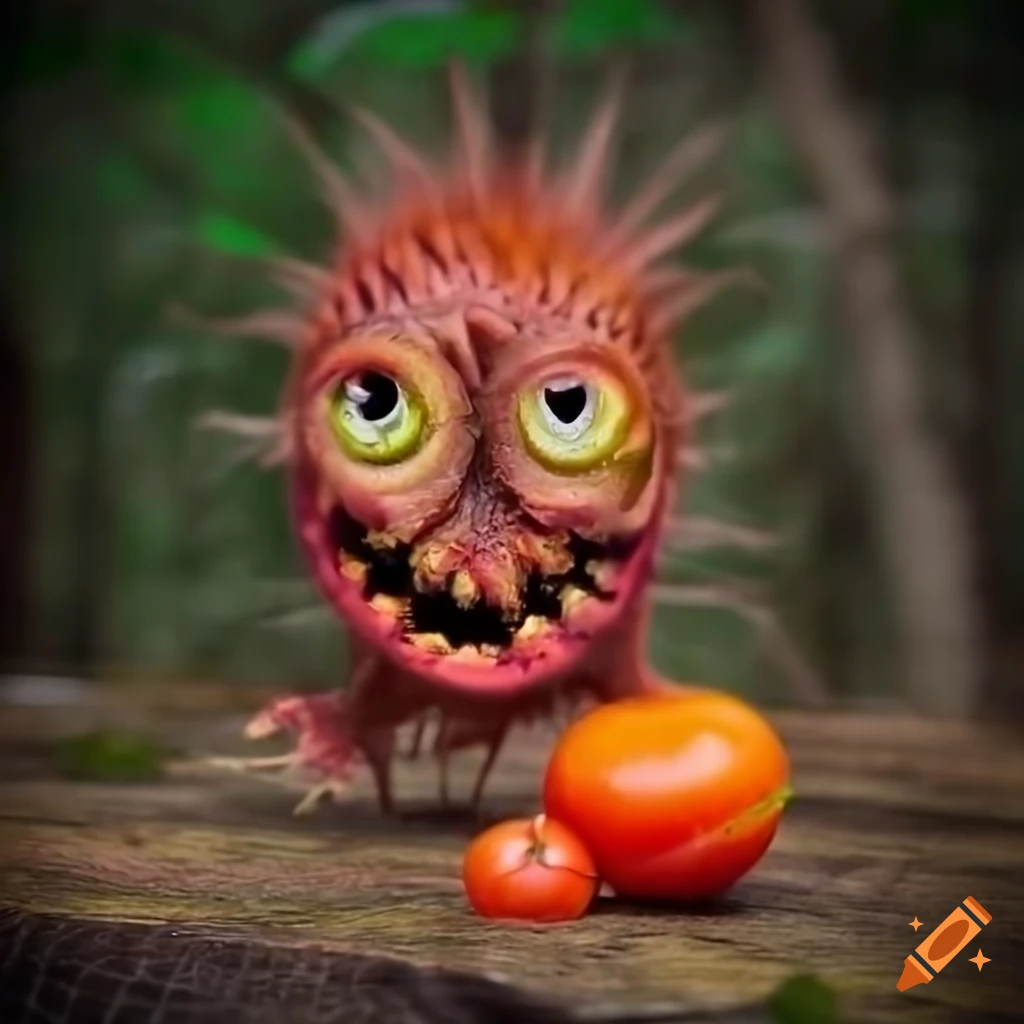 Closeup portrait of the rotten tomato fruit monster on Craiyon