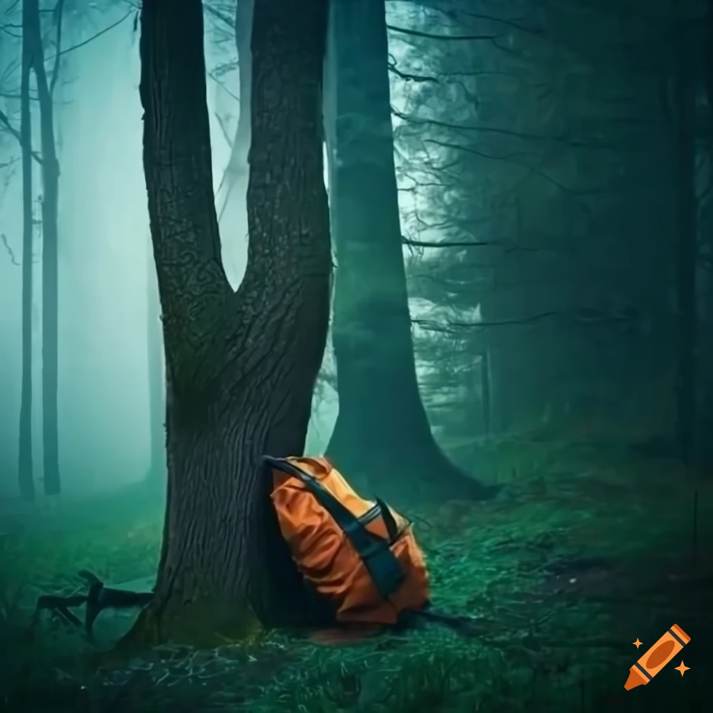 Backpack leaning against a tree in a dark forest on Craiyon