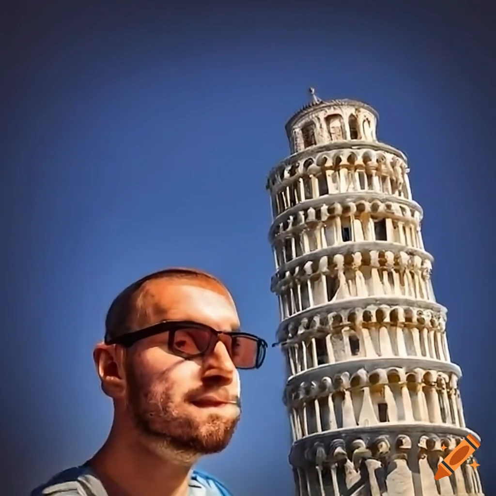 Tourist taking selfie in front of the leaning tower of Pisa