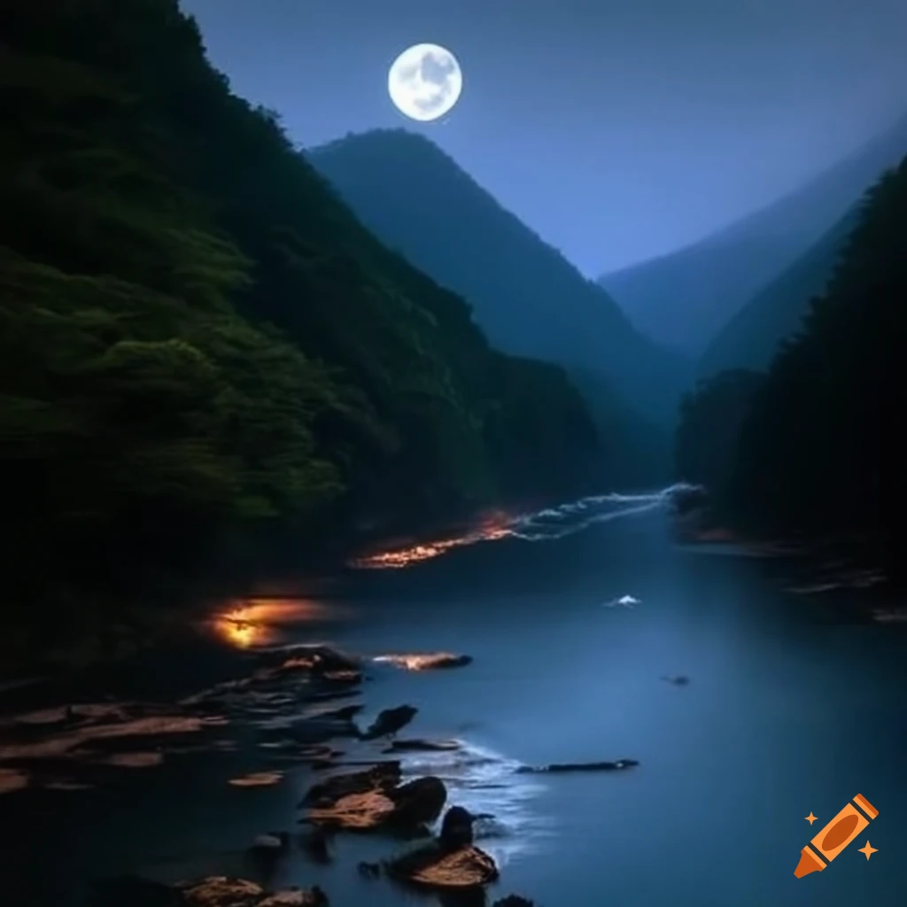 Scenic view of Japanese river under moonlight on Craiyon