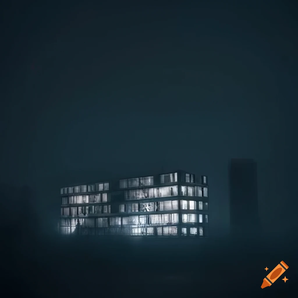 Brutalism style building in dark foggy night