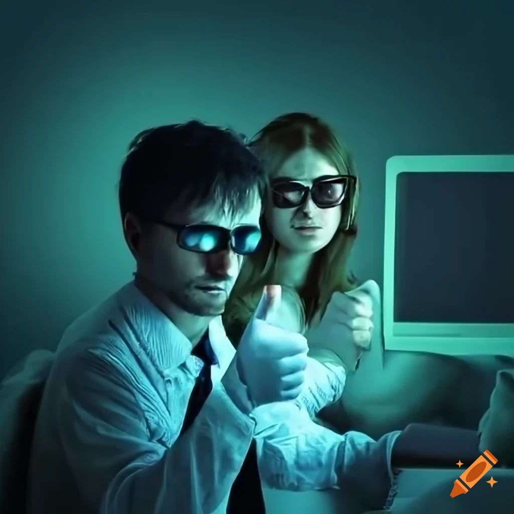 Two computer scientists using a computer in a dark room with green