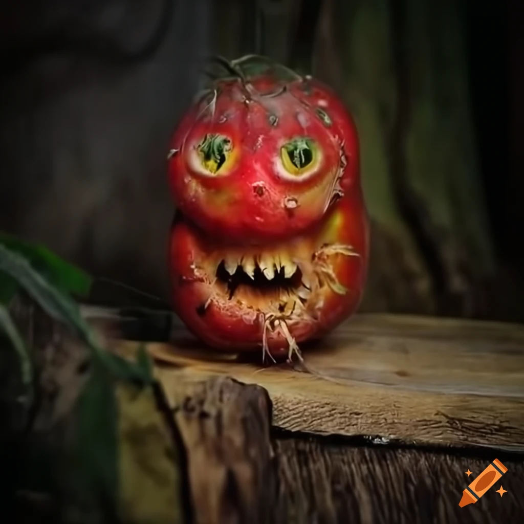 Closeup portrait of the rotten tomato fruit monster in an ultra