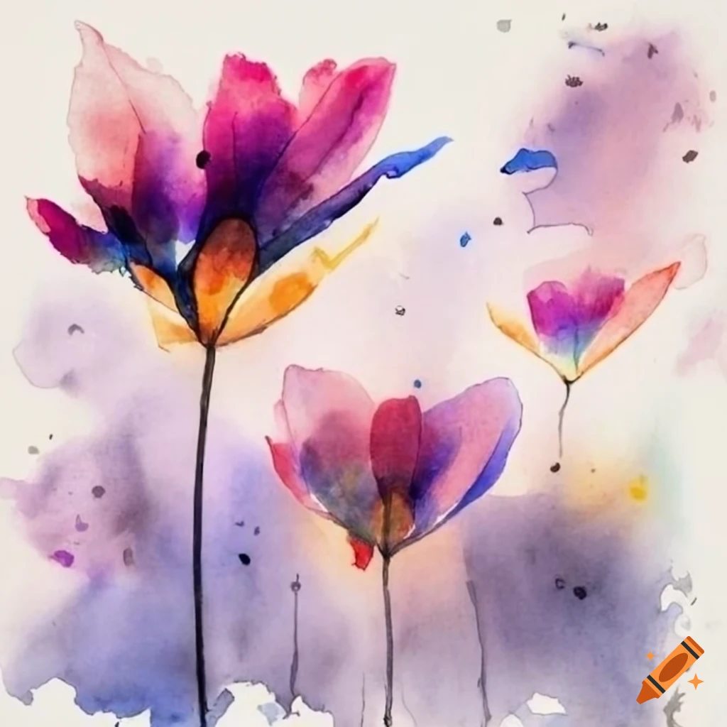 Beautiful ink and watercolor flowers in a blank field on Craiyon