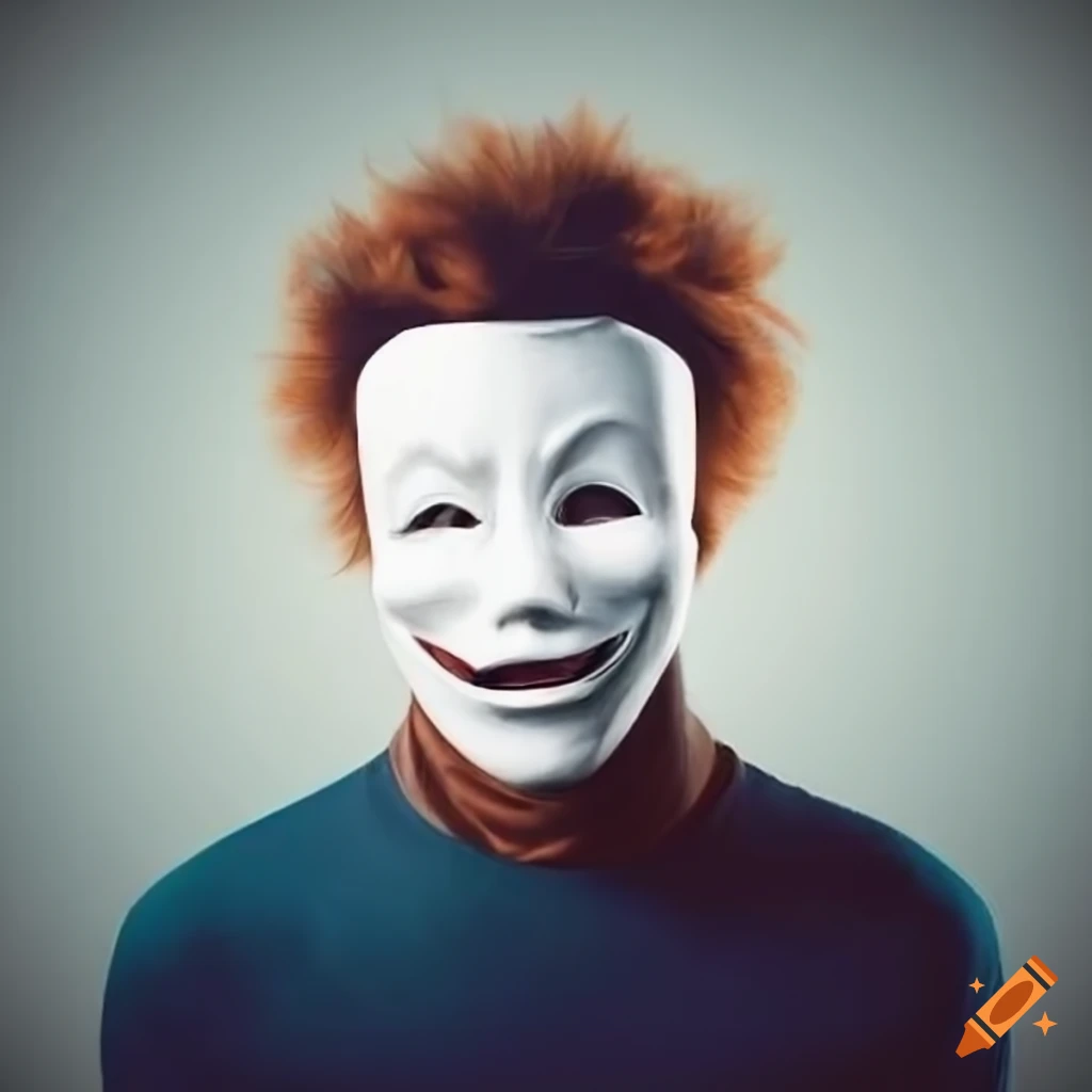 Man wearing a white comedy mask