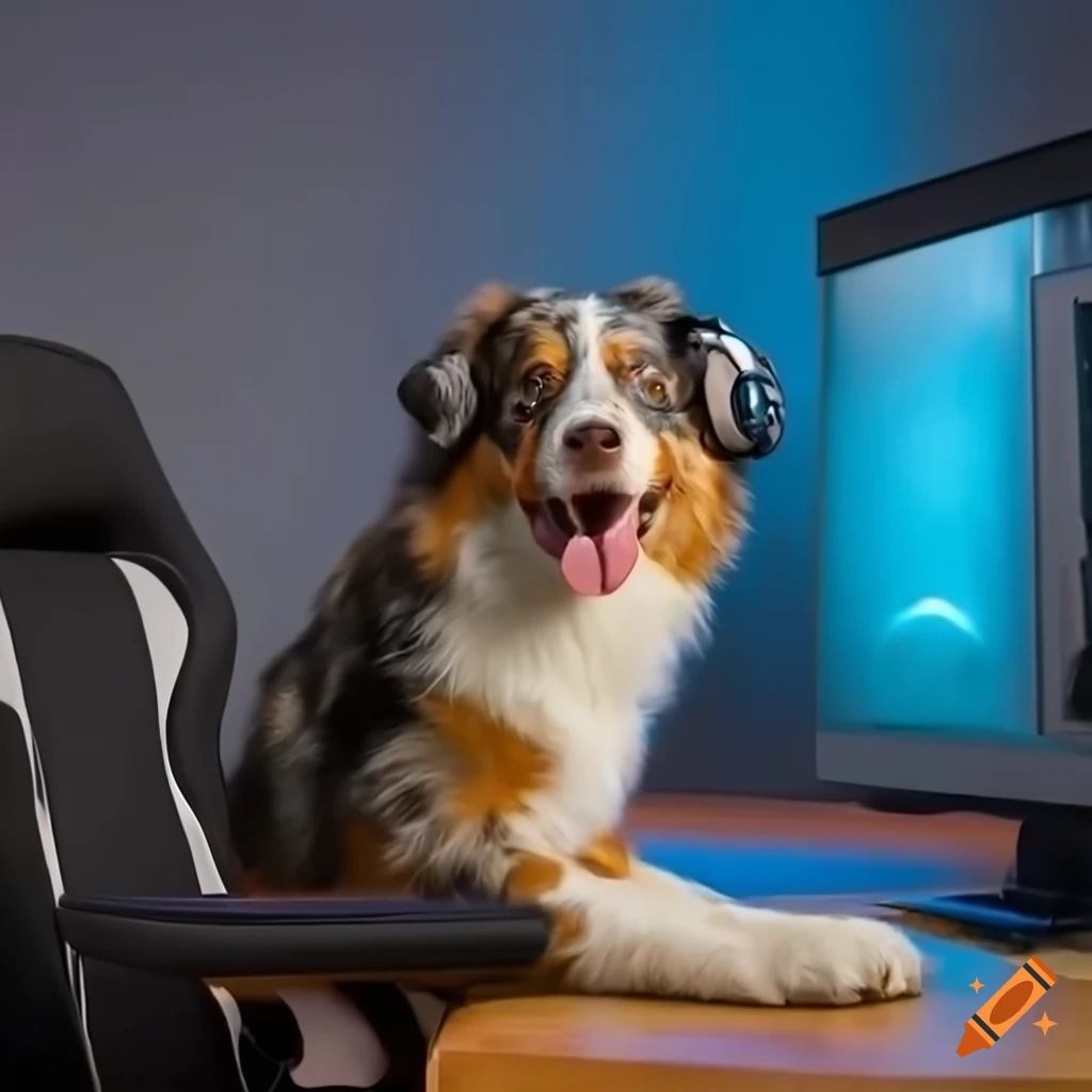 Fluffy brown australian shepherd dog playing computer games in a trendy
