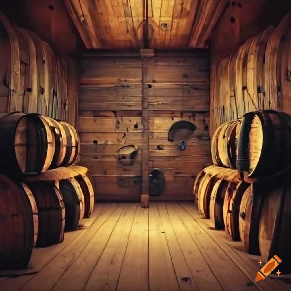 Storage room of an old sailboat with many barrels