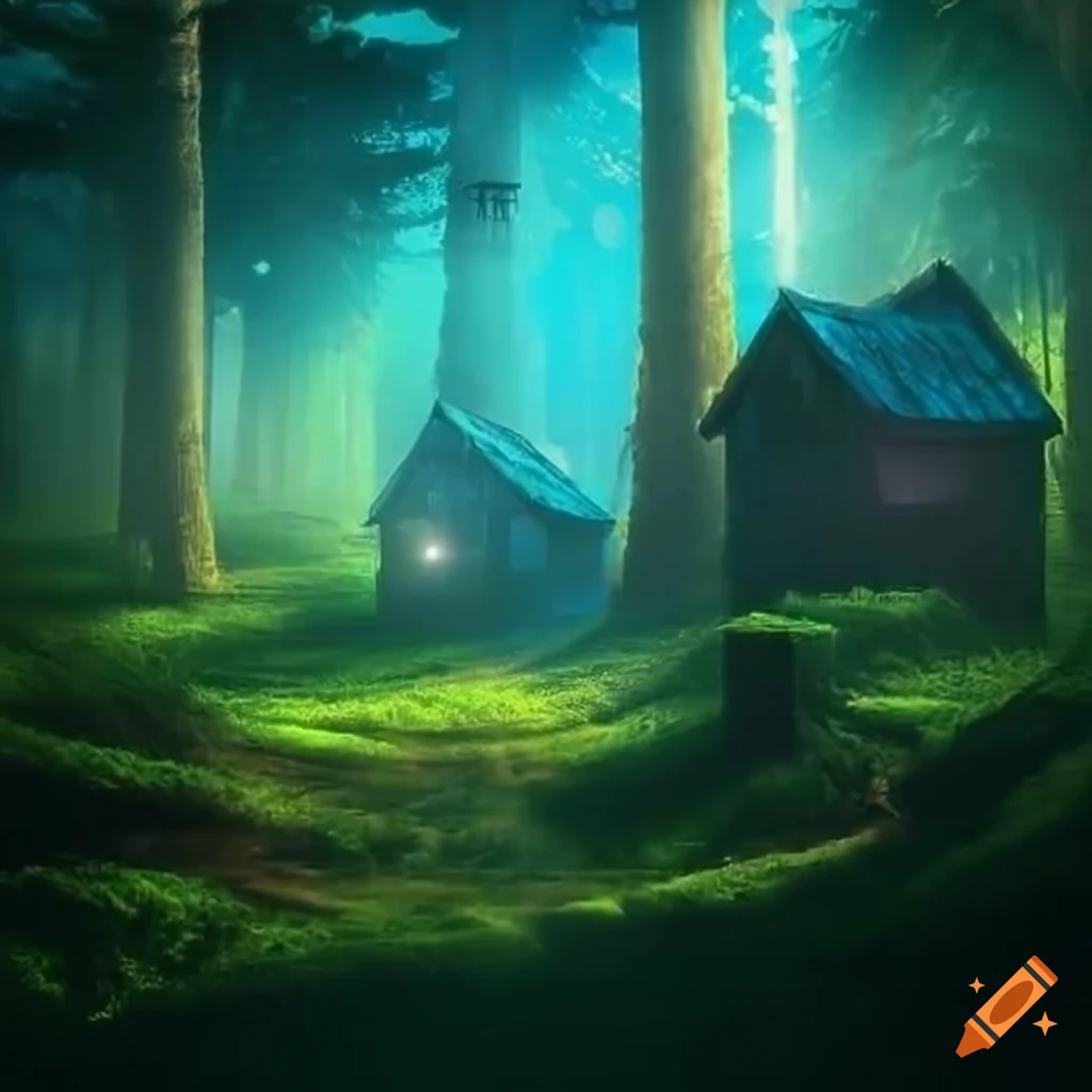 Small imaginative settlement in a bright enchanted magical forest on ...