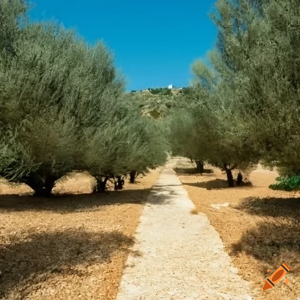 Affiche publicitaire jardin méditerranéen avec oliviers, vieilles pierres, gazon et lavandes