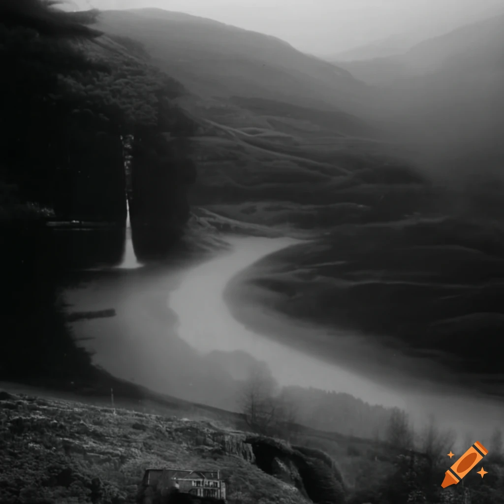 Black and white historic photo of misty hills with people in old-fashioned dresses in Scotland, 1936
