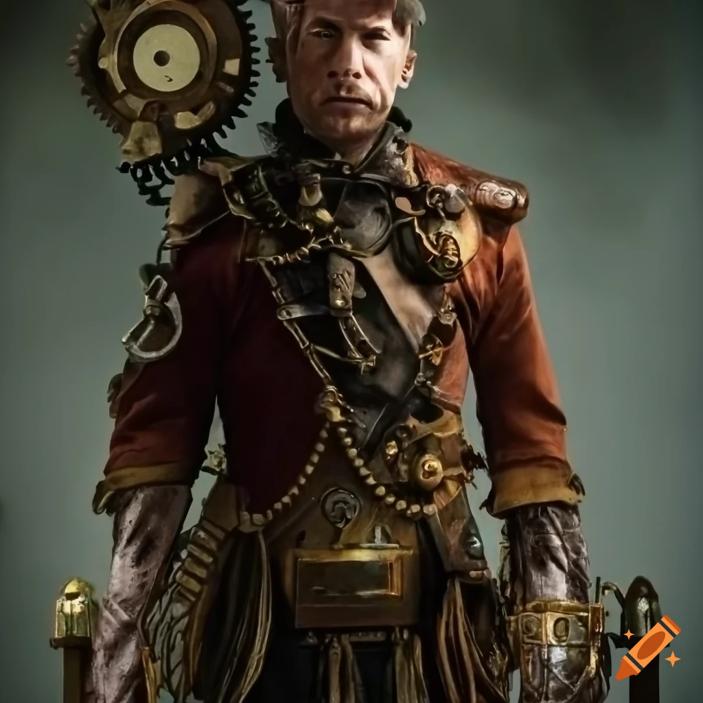 Steampunk man with gear arms and legs and clock head
