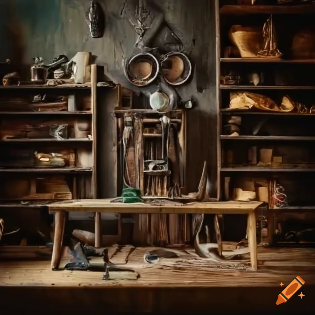 Old magical with tools on shelf and work table on Craiyon