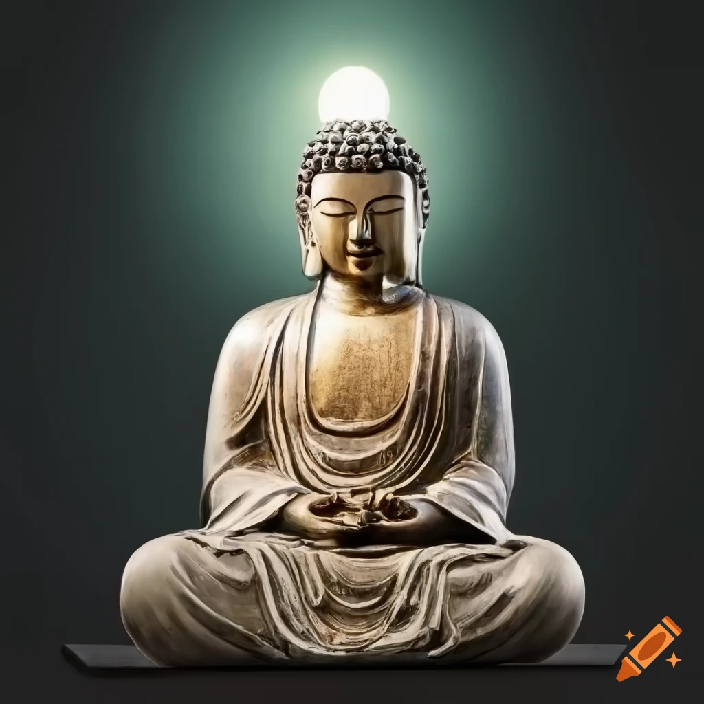 Enlightened Buddha statue under the moon in a peaceful forest