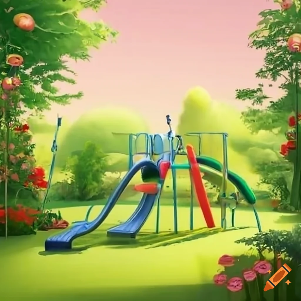 Realistic garden with seesaw, swing, and slides in plan perspective on