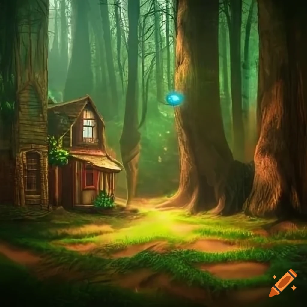 Small imaginative settlement in a bright enchanted magical forest ...