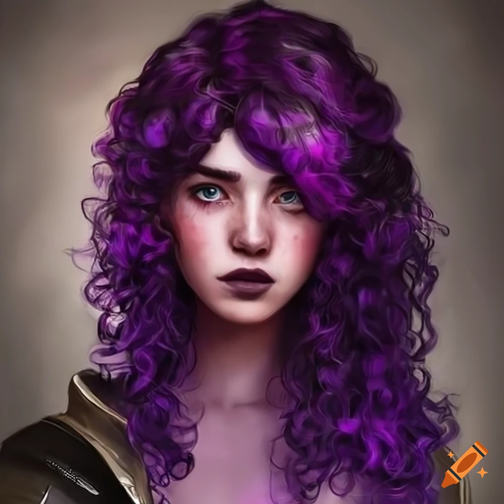 Woman with dark freckles and purple curly hair wearing fantasy armor on ...