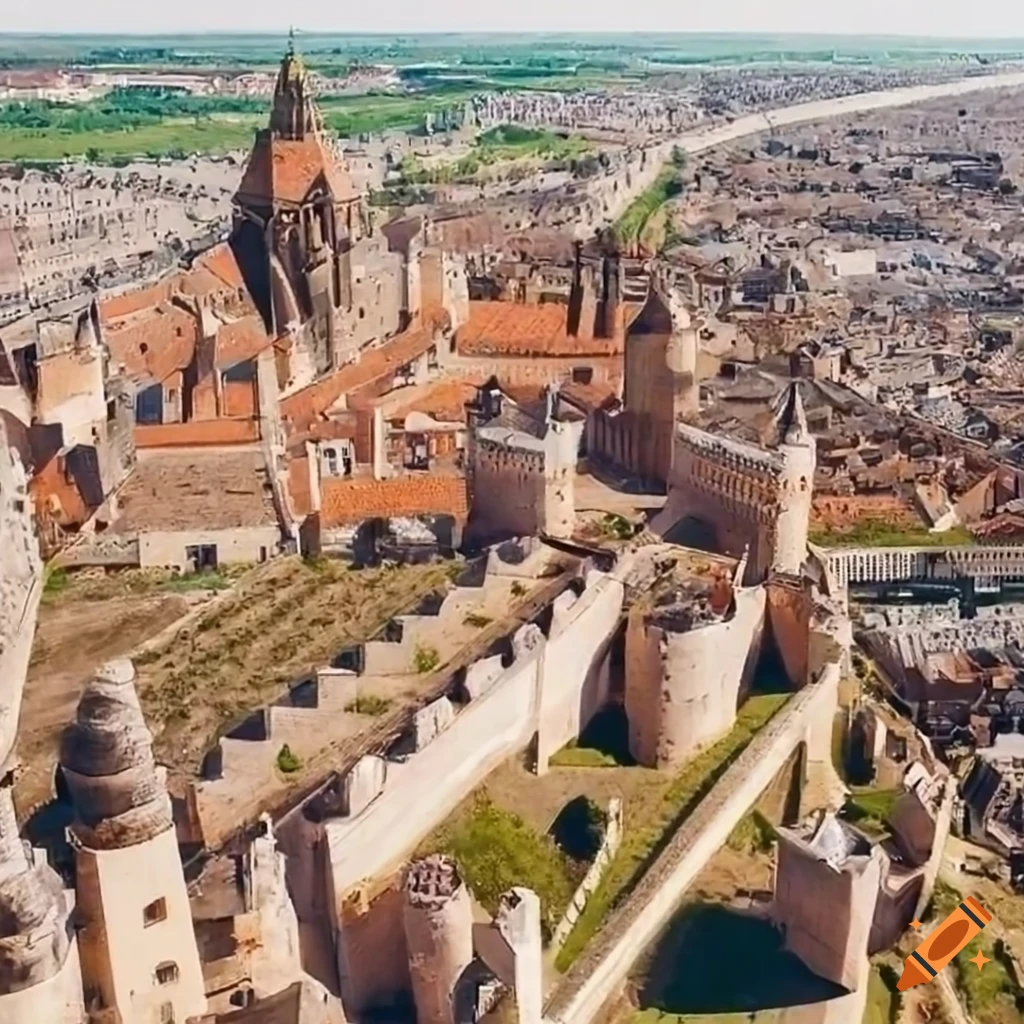 Aerial view of a medieval fantasy city with castle, cathedral, and city ...